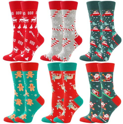 Calzini Natalizi da Donna, Divertenti Calzini Colorati Alla Moda Natalizia, Design Divertente e Carino per Donne Mamme Mogli Ragazze (6Pairs-Christmas1)