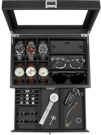 KILHS Watch Box, 6 slots Watch case, 3 Compartment Eyeglass Organizer, Mens Jewellery Box with Clear Glass Lid, Double Layer with Key Lock, Gift, Black