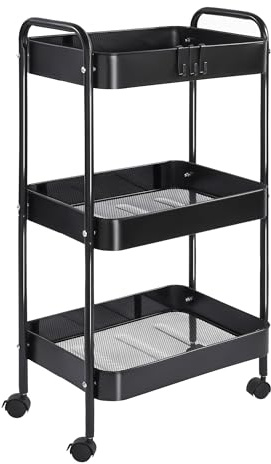 Vtopmart 3 Tier Metal Rolling Cart with Wheels, Utility Storage Cart with Handle and Lockable Casters, Storage Basket Organizer Shelves, Easy Assemble for Kitchen, Living Room, Office, Nursery, Black
