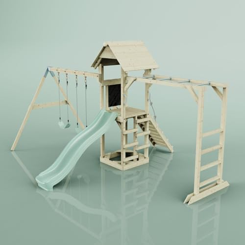Rebo Klettergerüst aus Holz mit Wellenrutsche | Outdoor Spielturm mit Doppel-Kinderschaukel, Hangelstangen, Plattform und Kletterseil