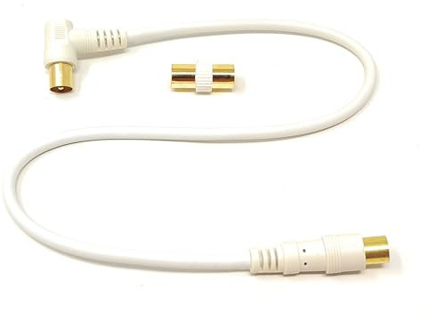 50cm TV Aerial Coaxial Cable Male to Male, Satellite RF Antenna Coax RG59 Lead Gold Plated Connectors with Female Coupler (Right Angled, White, 0.5m)