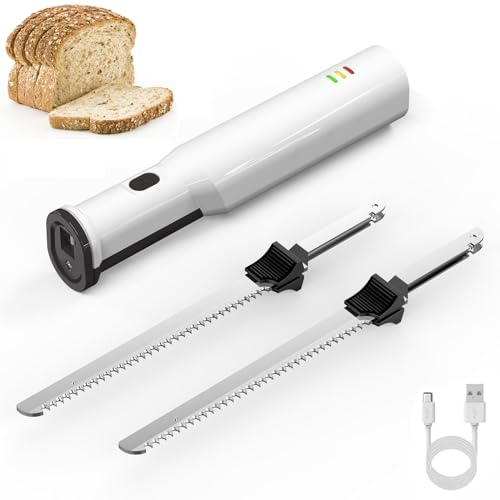 Cuchillo eléctrico inalámbrico para trinchar carne, corte sin esfuerzo con precisión, 2 cuchillas dentadas de acero inoxidable, ideal para carnes, aves y pan, liberación de gatillo de bloqueo de
