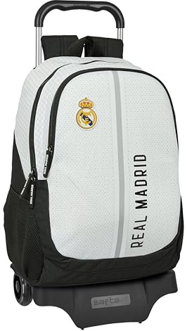 Real Madrid 1ª EQUIPACIÓN 24/25 - Mochila Escolar con Carro, Ideal para Niños de Diferentes Edades, Cómoda y Versátil, Calidad y Resistencia, 33x15x43 cm, Color Blanco/Gris
