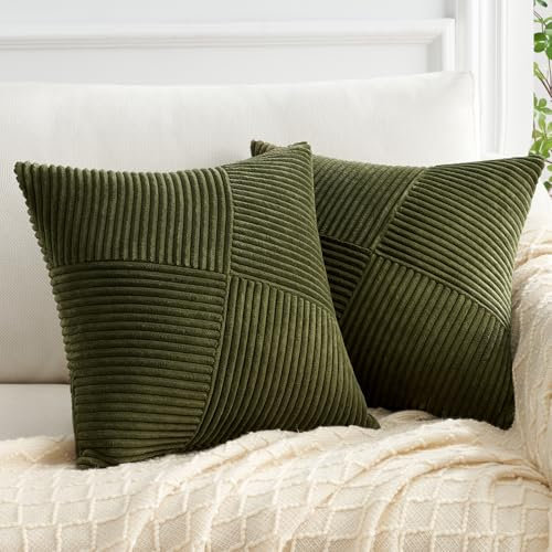 Topfinel Kissenbezug 40x40 Olivgrün Kordsamt 2er Set Windmühle Streifen Muster Kissenbezüge Kissenhülle Dekokissen Sofakissen Patchwork Design Deko Wohnzimmer Bett Schlafzimmer Sofa