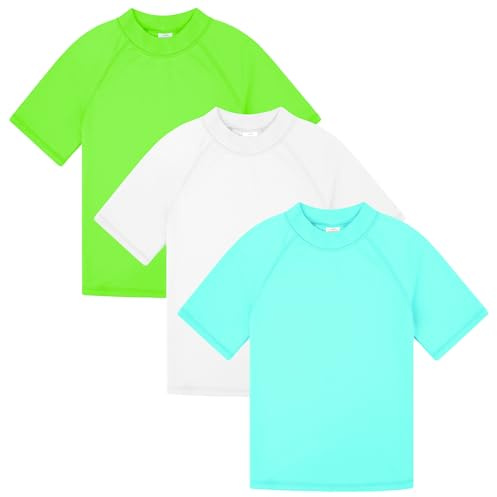 BIG ELEPHANT Rashguard med korta ärmar för barn (3-pack) badkläder UPF 50+ solskydd badtröja, Neongrön/grön/vit, 7-8 �r