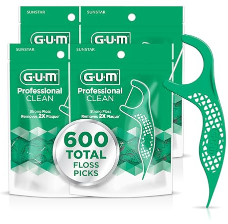GUM Professional Clean Floss Picks - Extra Strong Shred-Resistant Floss, Easy Grip Handle - Dental Flossers for Adults - Fresh Mint Flavor, 150 Count (Pack of 4) 600 Total