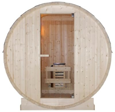 SANOTECHNIK Sauna in botte TROMSÖ M – Sauna esterna per 2 persone 194,8×120×191,5 cm, stufa Harvia 3,6 kW, legno di abete rosso, vetro temperato – Art.Nr. F50120