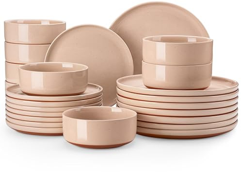 MALACASA Plates and Bowls Sets, 24 Pieces Modern Ceramic Dinnerware Set for 8 Kitchen Dinner Set Stoneware Dishware Dishes Set Microwave and Dishwasher Safe, Pink, Series Tara