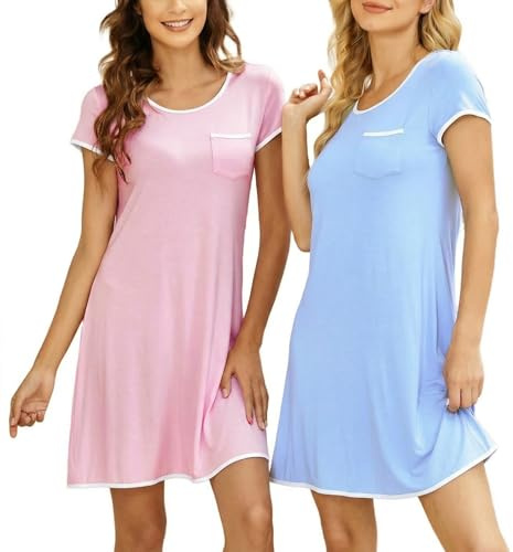 Ekouaer Camisones de Mujer Corto Camisón de Señora Vestidos de Casa Camisón Verano Rosa+Cielo Claro S
