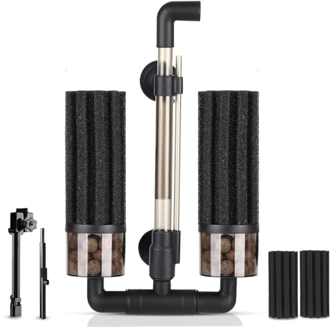 hygger Aquarium Double Sponge Filter: Upgraded Sponge Filter with Larger Filtration Area, Come with Extendable Clip, 2 Spare Biochemical Sponges, Bioceramic Balls, for Freshwater Saltwater Tank - S