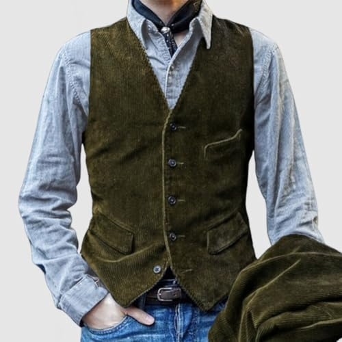 Gilet da uomo in velluto a coste con vestibilità aderente e chiusura con bottoni sul davanti, stile vintage britannico senza maniche, giacca per tutte le stagioni (L Verde)