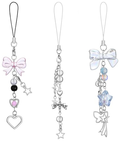 TIESOME 3 Stück Y2k Schlüsselanhänger, y2k-Anhänger Schmetterling Handyanhänger Stern Handy-Armband Rosa Blau Transparent Handy Anhänger Charm für Handytasche, Phone Charm, Kamera-Anhänger