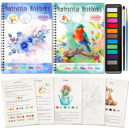 Elfew Lot de 2 cahiers d'aquarelle livres de coloriage, 24 pages kit de peinture adapté aux débutants, étapes détaillées, ensemble de peinture 12 couleurs avec pinceau, cadeau anti-stress pour adultes