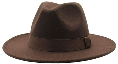 AZIDWERYQ Cappelli Fedora a Tesa Larga per Uomo Donna, Cappelli Eleganti da Uomo in Feltro di Lana Vintage, Berretto Western a Tesa Piatta Larga per l'autunno Invernale, Cappello Fedora caffè Scuro