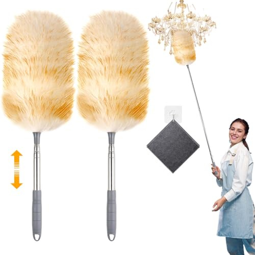 SENLINLIN Uppsättning av 2 dammvippor 130 cm, högkvalitativt lammull dammvippa teleskop, tvättbar och repfri, mjuk för tak, möbler, bil och känsliga ytor