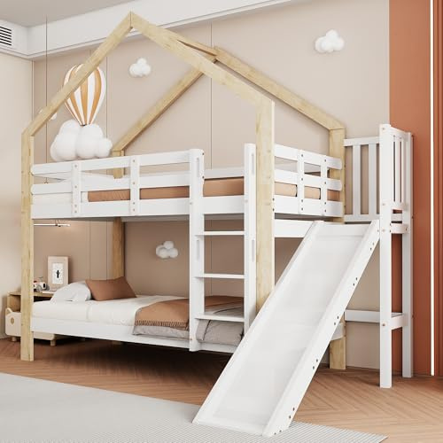 Terahanda Letto a castello con scivolo e scaletta angolare a tre gradini, letto a casetta con protezione anticaduta, lettino per bambini, telaio letto in legno massello, bianco+naturale, 90x200 cm