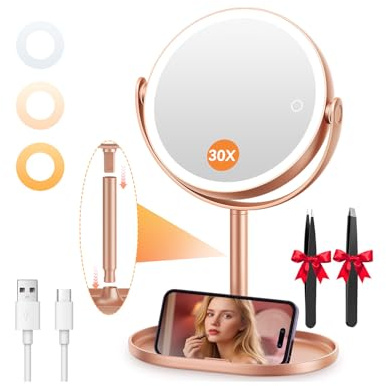 Auxmir Espejo Maquillaje con Luz 1X/30X Aumento Recargable 2000mAh de Mesa