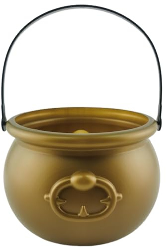 Pineeseatile kittel 20 x 13 cm guld häxor kittel halloween godisskål för bus eller godis festtillbehör, plastkruka med handtag halloweendekorationer | Matsäkert plastmaterial för godishållning, perfekt för halloween-fester
