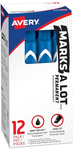 Avery Marks-A-Lot Permanent Markers, Large Desk-Style Size, Chisel Tip, Water and Wear Resistant, 12 Blue Markers (08886)