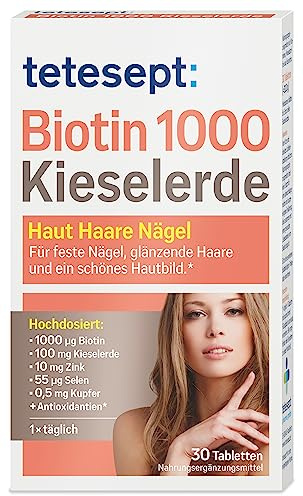 tetesept Biotin 1000 + Kieselerde – Nahrungsergänzungsmittel mit Zink für Haut, Haare & Nägel – 1 x 30 Tabletten