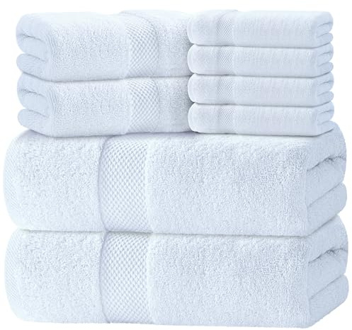 Luxury White Bath Towel Set of 8 Pieces - 100% Turkish Cotton 700 GSM Highly Absorbent Towels for Bathroom, 2 Bath Towels, 2 Hand Towels, 4 Washcloths