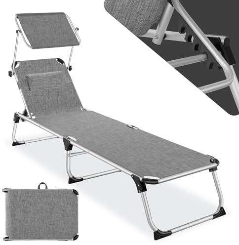 tectake® Sdraio da Spiaggia, Schienale Regolabile in 6 Posizioni, Parasole, Lettino Pieghevole e Trasportabile, Sdraio da giardino, Lettino Prendisole, Pratiche Maniglie (Grigio-Mélange)