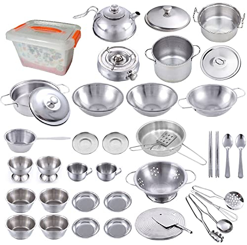 Cooking Utensils Set 25 Pieces Stainless Steel Kitchen Toys Pretend Play Pots Pans Toy Cookware Kits for Kids Come with a Handy Storage Box Role Play Educational Toys for Toddlers Small Size