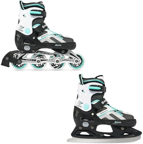 Raven Pulse Inline Skates Inliner für Kinder und Erwachsene OPTIONAL 2in1 mit Schlittschuhen verstellbar (Black/Mint mit Kufen, 40-43 (25,5-28cm))