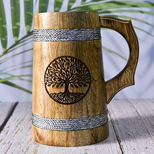 Chope à bière indienne pour lui - Style viking - 650 ml - Chope à bière en bois dur naturel - Mariage, cadeau d'anniversaire (gravure des deux côtés de la chope à bière en bois de manguier)