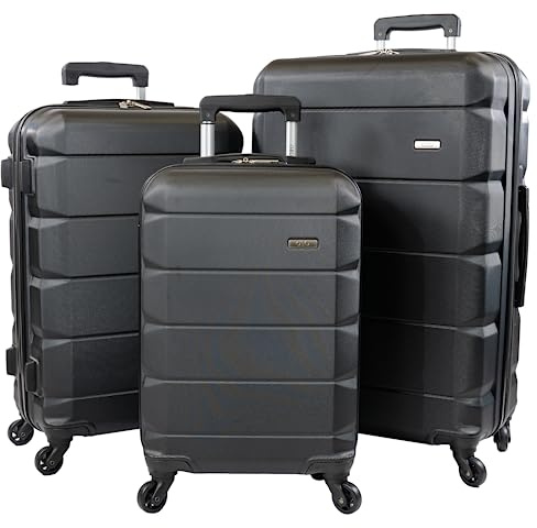 A2B Exodus Hard Sided Luggage Set - Hardsided Travel Suitcases with 4 Spinner Wheels | ABS Hard Shell Cases Large, Medium & Small AB00101 (Black, 3 Piece Full Set)