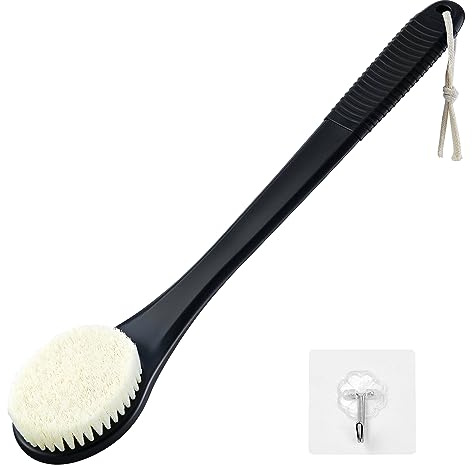 Back Scrubber for Shower, Shower Body Brush for Cleaning with Long Handle for Showering, 17 Inch Back Washer Exfoliator for Shower Men Women with Non-Slip Handle, Adhesive Hook (Black)