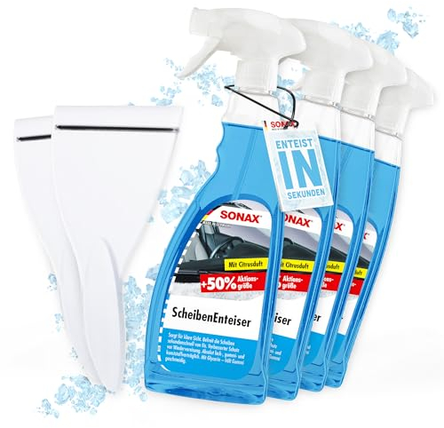 detailmate Auto Scheibenenteiser Set | 4X Sonax Scheiben Enteiser Spray 750ml für Autoscheiben + 2X Eiskratzer | Enteiserspray für klare Sicht