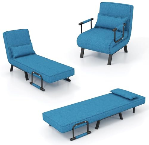 HOMASIS 4 in 1 Poltrona Letto, Divano Letto Pieghevole con Braccioli, Poltrona Salvaspazio con Schienale Regolabile con 6 Angolazioni e Cuscino Removibile, Portata 150 kg (Blu)
