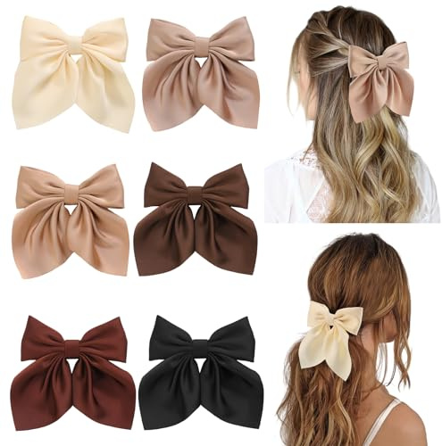 6Pcs Hair Bows for Women, Bow Hair Clips, Silky Satin Hair Bows for Girls, Neutral Colors Hair Ribbon, Cute Bow Clips for Women, Hair Accessories Gifts