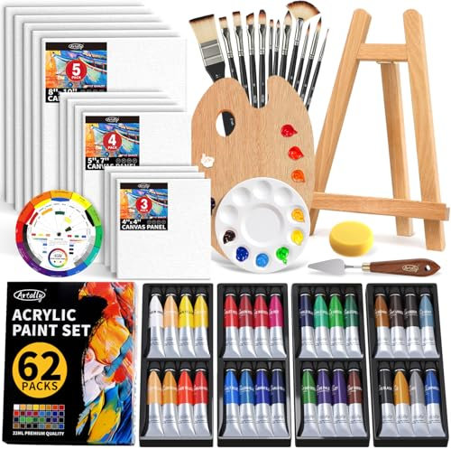 62-Piece Professional Acrylic Paint Set, Complete Painting kit with 32 Colours Paint(22ML), Wooden Tabletop Easel, 12 Paint Brushes, 16 Canvas, Art Supplies Painting Kit for Adults, Artists, Beginners