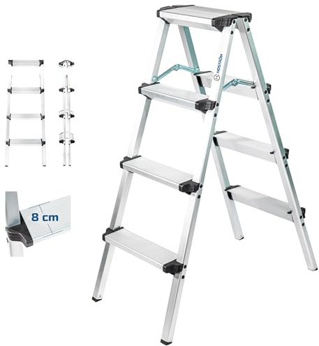 HOSTRÖM Scaletta sgabello 4 gradini HOMILIX, scala pieghevole, alluminio, compatta e robusta, H max lavoro 2,59 m, 5 anni garanzia.