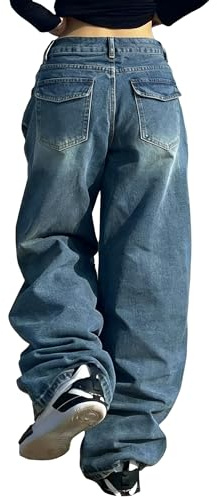 EMMIOL Women Baggy Jeans Fashion Mid-Low Waisted 91s Vintage Denim Pants Baggy Jeans Trouser