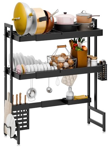 cukoekim Expandable Dish Drying Rack, Over The Sink Dish Drainer Drying Rack, 2 Tier Large Capacity Kitchen Drying Rack Over Sink, Kitchen Counter Storage Shelf Supplies for Plates Bowls Pots Dual La