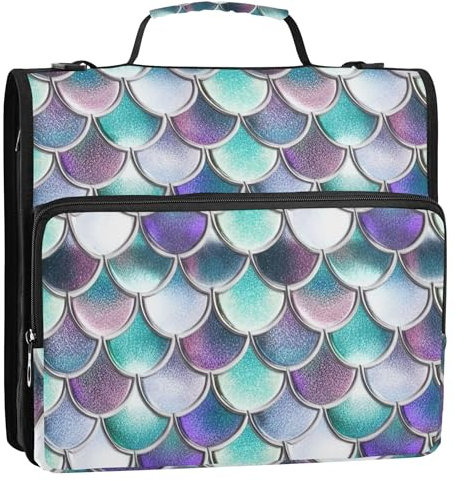 Zipper Binder Organizer Colorful Scales Shades Turquoise 1 1/2 Inch Binders 3 Ring Large Keeper Binder Bag with Strap for School Multi Pockets Large Portfolio Folder