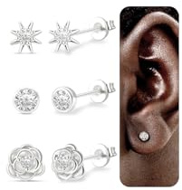jagosen 3 Paar Ohrstecker Silber 925/Gold Damen Set,Kleine Ohrstecker Set mit Zirkonia,Sonne,Rose,Hypoallergen Ohrringe Silber 925/Gold für Ohrläppchen,Ohrmanschetten