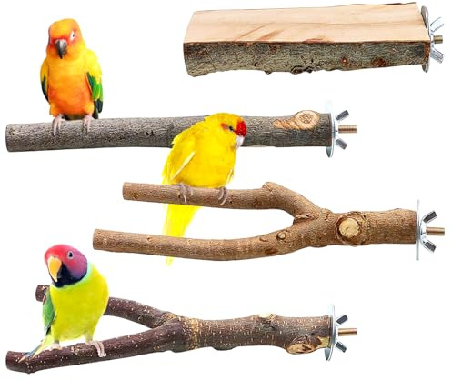 KIPTVO 4PCS Natural Wood Bird Perch, Budgie Perches, Parrot Perch, Wooden Perch Bird Swing, T Stand Parrot Perch Stands, for Parrotlets Cockatiels Budgies Parakeets Parakeets Lovebirds