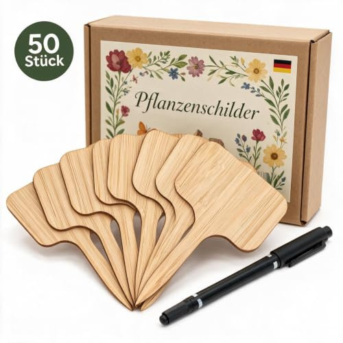 Fairfield Pflanzenschilder Set 50 Stück – T-Form Holz Pflanzenetiketten mit wasserfestem Stift, beschriftbar & wiederverwendbar, umweltfreundlich, für drinnen & draußen