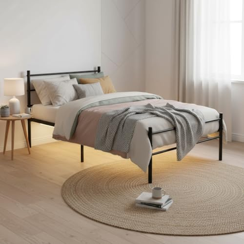 FurnitureR Metall Einzelbett 90×200 cm mit LED Streifen, 20 Farben Unterbett Beleuchtung, stabiles Plattformbett mit Lattenrost, ideal für Schlafzimmer, Jugendzimmer, bis 150 kg belastbar, Schwarz P