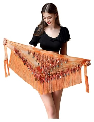 Pañuelo de cadera for danza del vientre, cinturón for mujer, accesorios de danza, lentejuelas, borlas, chal, gasa con flecos(Orange)