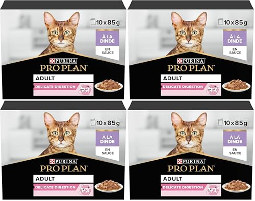 PURINA PRO PLAN | Delicate Digestion | Aliment Complet pour Chat Adulte | Aide à favoriser Un système digestif sain | Effilés en Sauce| A la Dinde| Portion Individuelle | 10x85g (Lot de 4)