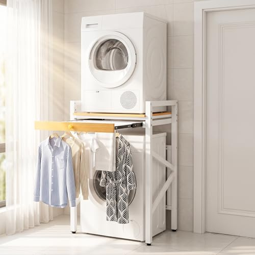 Clickovia Kit d'empilage pour machine à laver avec étagère coulissante, armoire de machine à laver à 2 hauteurs réglables, gain de place, étagère pour lave-linge et sèche-linge avec comptoir pour