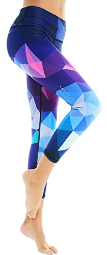 COOLOMG Damen Sport Leggings Laufhose 3/4 lang mit Taschen Yogahose Kompressionshose Geometrie_lila M