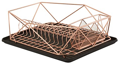 Kitchen Details Geode Deluxe Dish Drying Rack with Drain Board | Cutlery Basket | Utensil Holder | Iron Frame | Copper