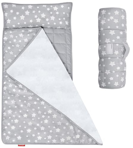 Moonsea Toddler Nap Mat with Pillow and Fleece Minky Blanket Grey, Lightweight and Soft Perfect for Toddlers Preschool, Daycare, Travel Sleeping Bag for Girls, 21 x 50 Fit on a Standard Cot