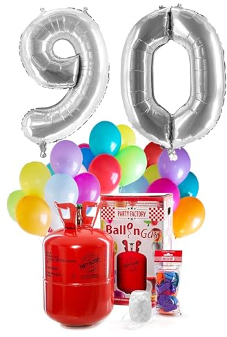 Party Factory – Helium Gasflasche 400L Komplett Set mit XXL Zahlenballon 90 Silber – Partydeko Ballongas Flasche mit Folienballon, 30 Latexballons & 40m Ballonschnur – Für Geburtstage & Feiern
